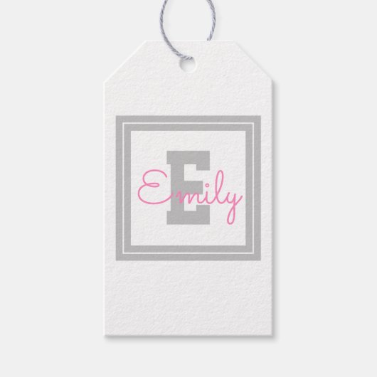 Naam en monogram van de kabelvorm | Lichtgrijs en Cadeaulabel (Voorkant)