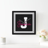 Naam en monogram van de kabelvorm | Zwart wit en r Vierkante Klok (Huis)