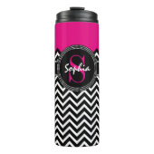 Naam en monogram warm roze en zwart Chevron Thermosbeker (Voorkant)