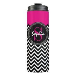 Naam en monogram warm roze en zwart Chevron Thermosbeker