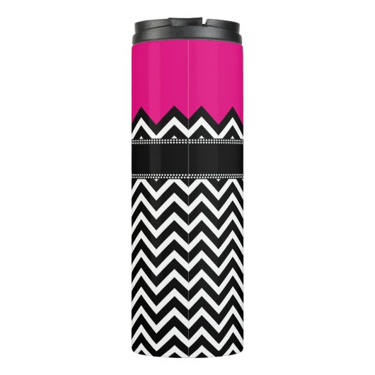 Naam en monogram warm roze en zwart Chevron Thermosbeker (Achterkant)