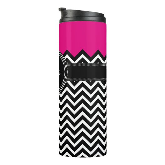 Naam en monogram warm roze en zwart Chevron Thermosbeker (Geroteerd rechts)