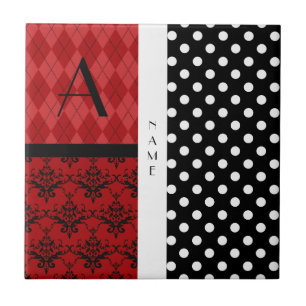 Naam en monogram zwarte en witte haarpunten tegeltje