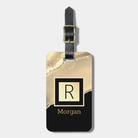 Naam en monogram, Zwarte & Gold Box en Agate Bagagelabel (Voorkant verticaal)