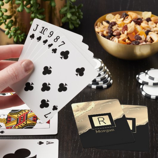 Naam en monogram, zwarte & gouddoos, Gold Agate Pokerkaarten (Insitu)