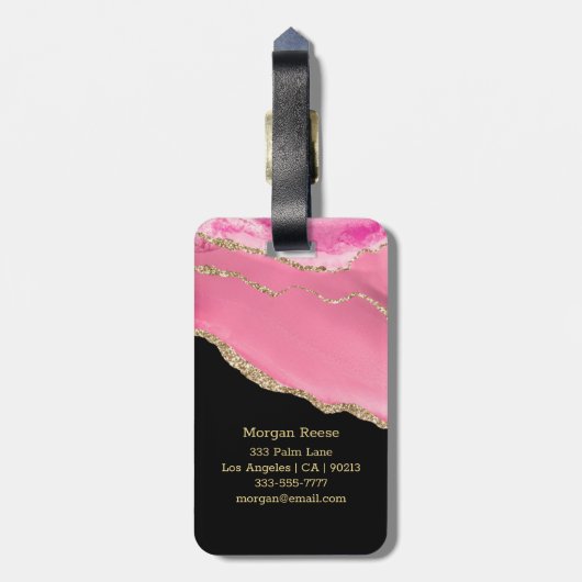 Naam en monogram, zwarte & gouddoos, roze gewas bagagelabel (Achterkant verticaal)