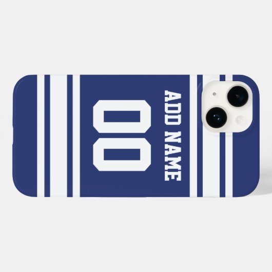 Naam en nummer blauwe en witte strepes Case-Mate iPhone case (Achterkant (horizontaal))
