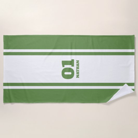 Naam en nummer witte en groene sport strandlaken (Voorkant)