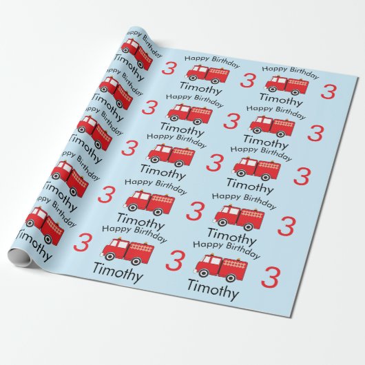 Naam en ouderdom van Red Fire Truck Pattern Boy Cadeaupapier (Uitgerold)