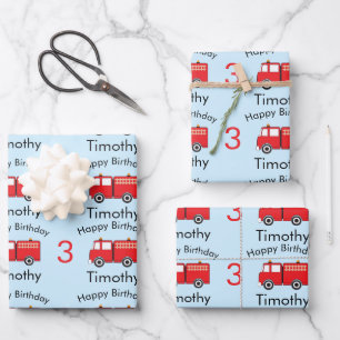Naam en ouderdom van Red Fire Truck Pattern Boy Inpakpapier Vel