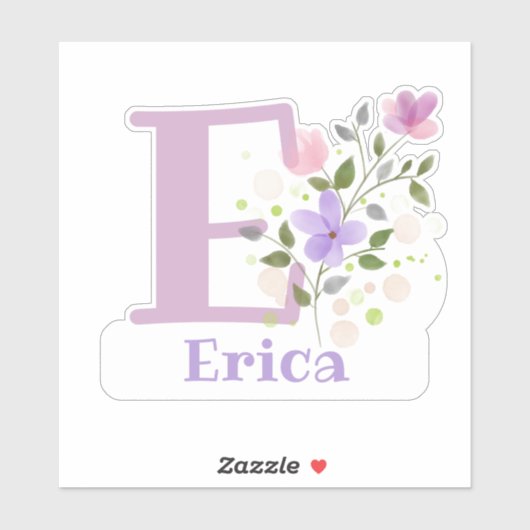 Naam Erica plus Initiaal met Floral Design Sticker (Vel)