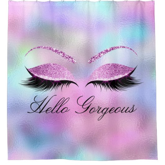 Naam Eyelashes Girly Makeup Pink Holographic Glam Douchegordijn (Voorkant)