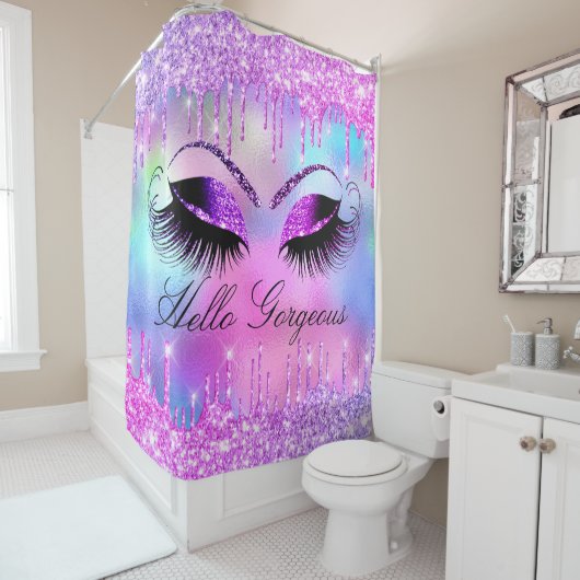 Naam Eyelashes Makeup Pink Girly Drip Holograaf Douchegordijn (In situ)