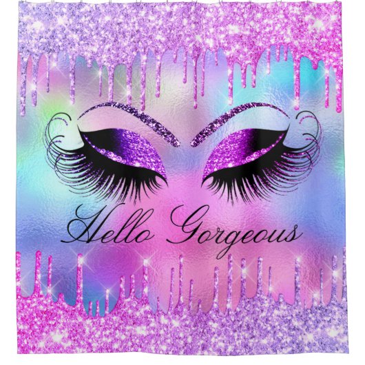 Naam Eyelashes Makeup Pink Girly Drip Holograaf Douchegordijn (Voorkant)