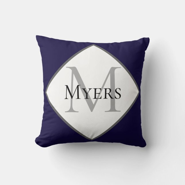 Naam familie van Navy Blue Minimal Monogram Kussen (Voorkant)