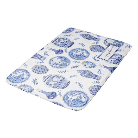 Naam Floral Blue n White Ginger Jar Flower  Badmat (Gekanteld)
