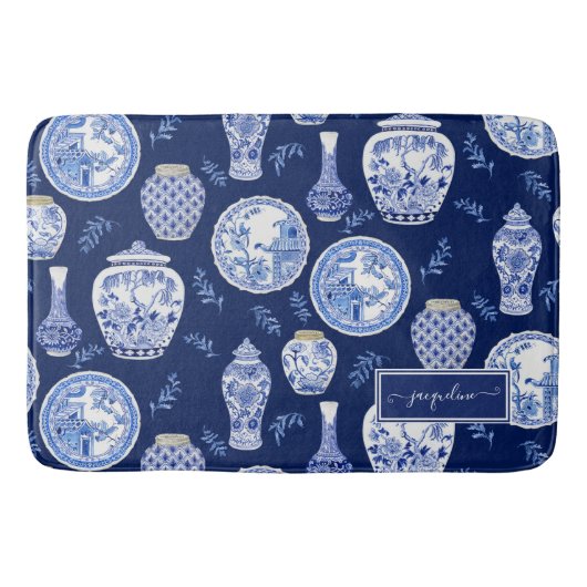 Naam Floral Navy in White Ginger Jar Flower Badmat (Voorkant)