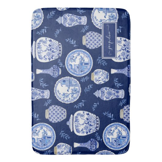Naam Floral Navy in White Ginger Jar Flower  Badmat (Voorkant Verticaal)