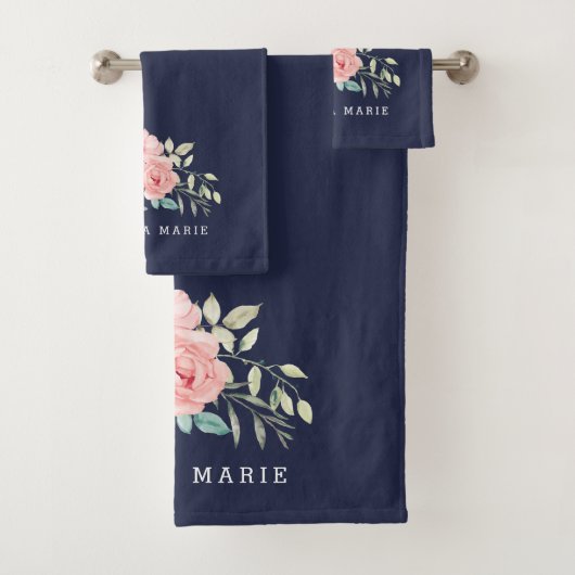 Naam Floral Waterverf Navy Hand Towel Bad Handdoek (Insitu)