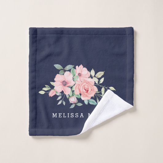 Naam Floral Waterverf Navy Hand Towel Bad Handdoek (Wasdoekje)