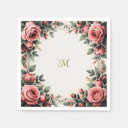 naam Franse Bloemen Roos Monogram Servet (Voorkant)