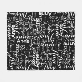 Naam Gedrukt in Wit All-Over a Zwart Fleece Deken