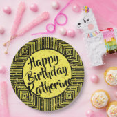 Naam: Geel/zwart, Happy Birthday Diagonal Stripes Papieren Bordje (Feest)