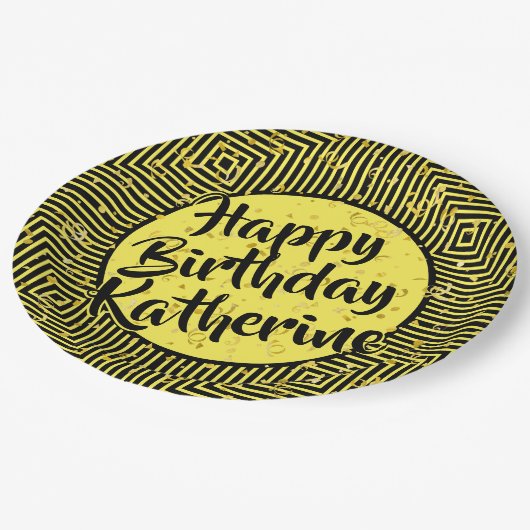 Naam: Geel/zwart, Happy Birthday Diagonal Stripes Papieren Bordje (Gekanteld)