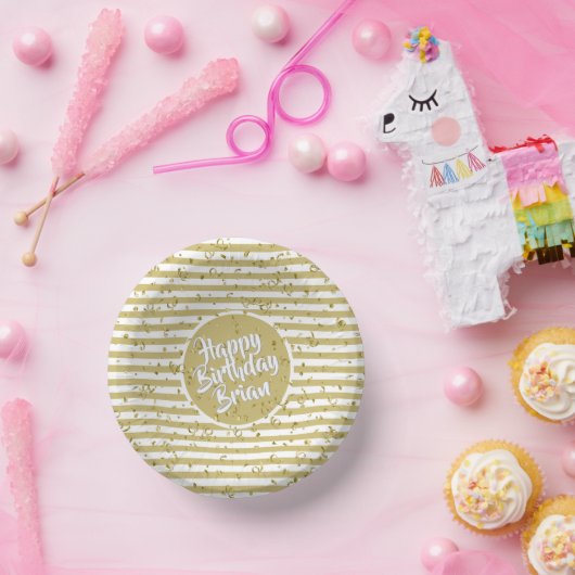 Naam Gelukkige Verjaardag Geel Eenvoudige Stripes  Papieren Kommen (Feest)