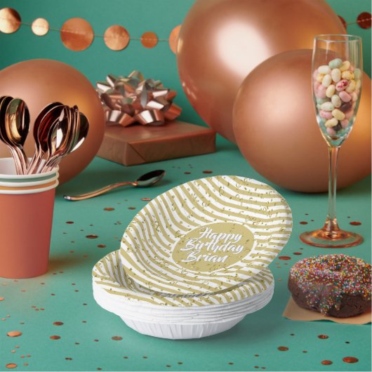 Naam Gelukkige Verjaardag Geel Eenvoudige Stripes Papieren Kommen (Multi)