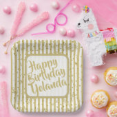 Naam Gelukkige Verjaardag Goud Witte Strepen Patro Papieren Bordje (Feest)