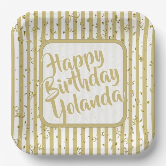 Naam Gelukkige Verjaardag Goud Witte Strepen Patro Papieren Bordje (Voorkant)