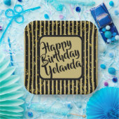 Naam Gelukkige Verjaardag Zwart/Gouden Strepen Pat Papieren Bordje (Feest)