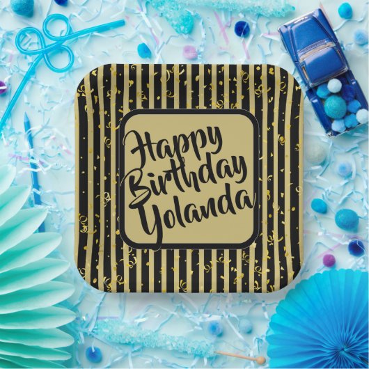 Naam Gelukkige Verjaardag Zwart/Gouden Strepen Pat Papieren Bordje (Feest)