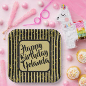 Naam Gelukkige Verjaardag Zwart/Gouden Strepen Pat Papieren Bordje (Feest)