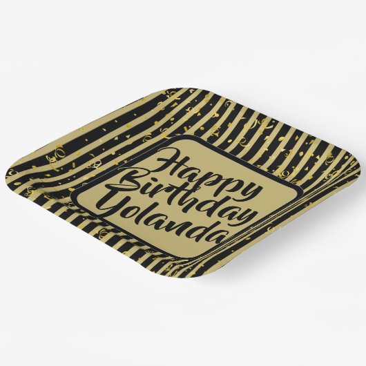Naam Gelukkige Verjaardag Zwart/Gouden Strepen Pat Papieren Bordje (Gebogen)