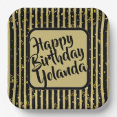 Naam Gelukkige Verjaardag Zwart/Gouden Strepen Pat Papieren Bordje (Voorkant)