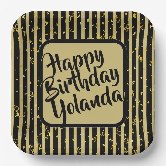 Naam Gelukkige Verjaardag Zwart/Gouden Strepen Pat Papieren Bordje (Voorkant)