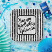 Naam Gelukkige Verjaardag Zwart Wit Strepen Patroo Papieren Bordje (Feest)