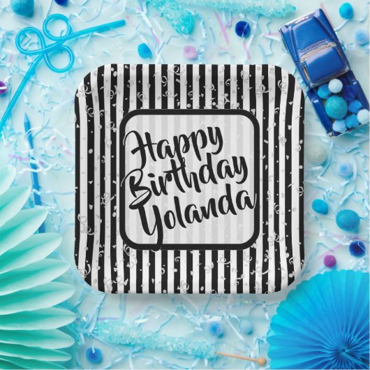 Naam Gelukkige Verjaardag Zwart Wit Strepen Patroo Papieren Bordje (Feest)