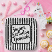 Naam Gelukkige Verjaardag Zwart Wit Strepen Patroo Papieren Bordje (Feest)