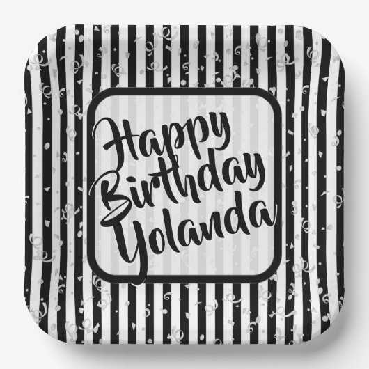 Naam Gelukkige Verjaardag Zwart Wit Strepen Patroo Papieren Bordje (Voorkant)