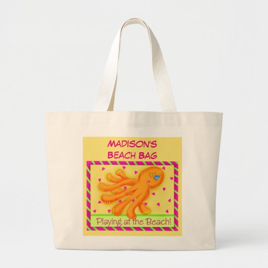 Naam Gepersonaliseerd Octopus Yellow Oranje Beach  Grote Tote Bag (Voorkant)