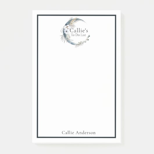 Naam Gepersonaliseerde Blauwe Maan en Bloemen Noti Post-it® Notes (Voorkant)