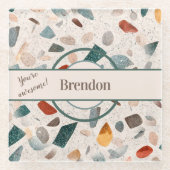 Naam, getextureerde grote spaander mozaïek terrazz glazen onderzetter (Voorkant)