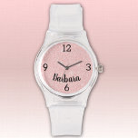 Naam, Girly Roze Glitter Silicone Buckle Strap Horloge<br><div class="desc">Een sportief horloge met een stevige doorzichtige siliconen gesp riem en een bleke roze faux glitter gezicht. Naam is een vet zwart scriptlettertype. Verander eenvoudig uw naam, vervang deze door monogram initialen of verwijder deze met behulp van de meegeleverde Sjabloon om deze van u te maken. Kies uit andere stijlen...</div>