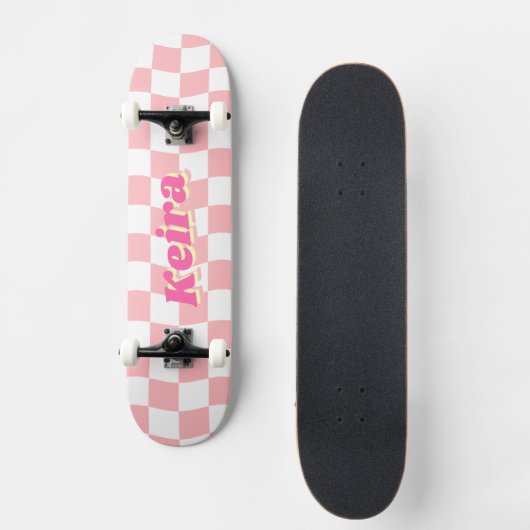 Naam Girly Roze Witte Checker Patroon Persoonlijk Skateboard (Voorkant)