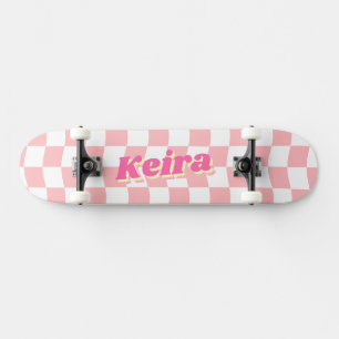 Naam Girly Roze Witte Checker Patroon Persoonlijk Skateboard