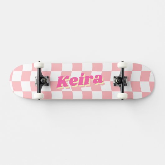 Naam Girly Roze Witte Checker Patroon Persoonlijk Skateboard (Horizontaal)