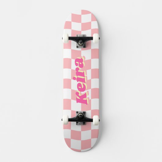 Naam Girly Roze Witte Checker Patroon Persoonlijk Skateboard (Voorkant)